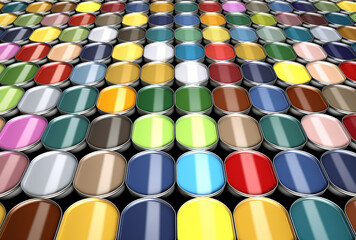 large variety of paint cans on colorful backgrounds stock foto