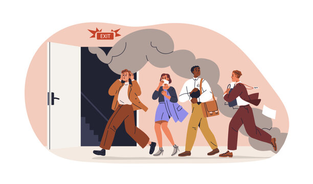 Evacuation in fire emergency, urgency situation. People running away, escaping, leaving building with smoke from exit door. Men, women evacuating. Flat vector illustration isolated on white background