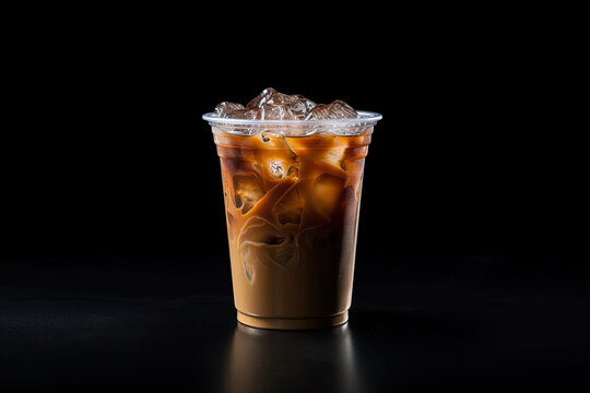 Iced coffee in plastic take-away glass isolated on dark background