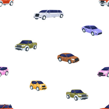Passenger cars, seamless pattern. Endless background, different auto models. Automobiles, transport repeating print, texture design. Flat vector illustration for textile, fabric, wrapping, decoration