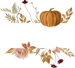 Watercolor autumn composition. Autumn wreath, bouquet, frame for invitations, cards, thanksgiving and other