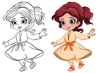 Cute Girl in Beautiful Dress Outline for Colouring