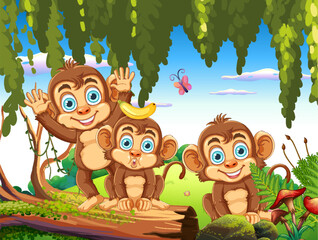 Obraz na płótnie Canvas Three Monkeys in the Forest