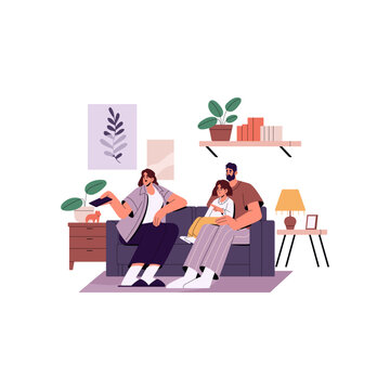 Family and kid sitting on sofa, watching TV together. Mother, father and child relaxing on couch at home, resting in living room. Flat graphic vector illustration isolated on white background