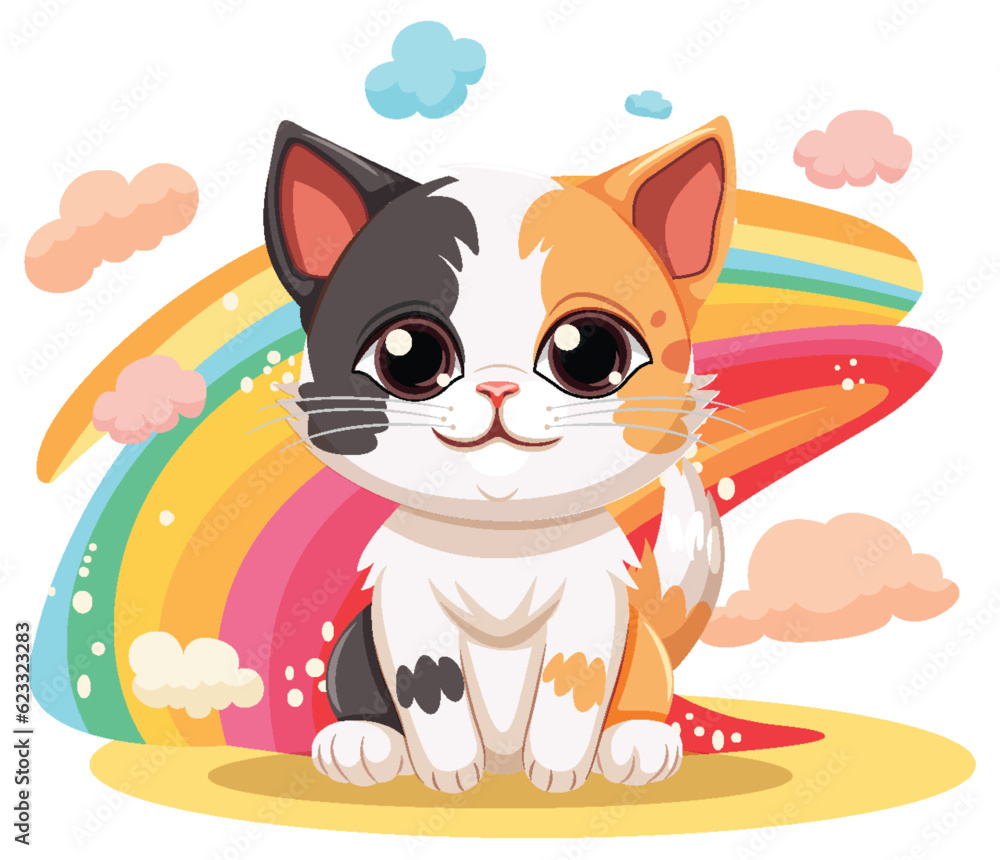 Poster Cute cat cartoon character with rainbow isolated