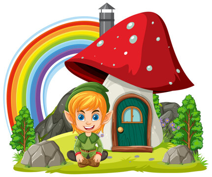 Dwarf cartoon standing in front of the mushroom house in fantasy world