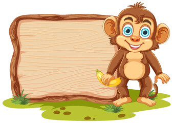 Fototapeta premium Cute Monkey with Empty Wooden Board