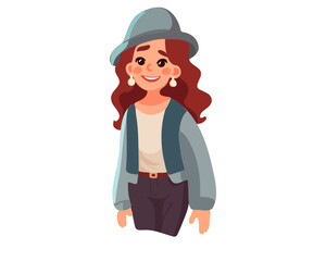 Happy red-haired girl in a hat, vector illustration