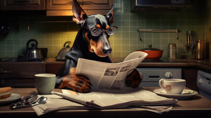 Black doberman dog reading and holding a newspaper - obrazy, fototapety, plakaty