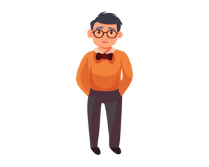 A man with glasses stands with his hands in his pocket, vector illustration