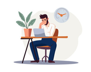 Tired business man sleepy and bored from long sitting at the table and office syndrome, processing. vector illustration