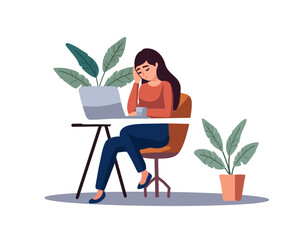 Fototapeta na wymiar Tired girl working at the computer, vector illustration