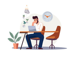 Overworked young man feels headache after working on laptop. Stressful young man suffering from fatigue at home, vector illustration