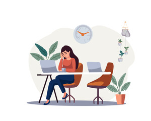 Overworked tired young woman feels headache after working on laptop. Stressed young woman suffering from fatigue at home, vector illustration