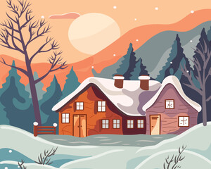 Winter rural landscape with fir trees, mountains and a house at sunset. Vector illustration in flat style