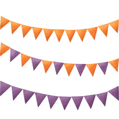 set of three festive garlands for Halloween. Orange purple flags for celebration and decoration. Attribute of Halloween, witches sabbath. theme of pagan witchcraft. Isolated watercolor illustration