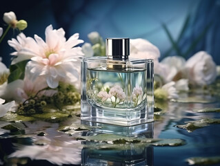 bottle of perfume on the water with flowers