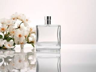 bottle of perfume on the water with flowers