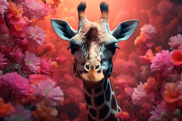 Front view of a giraffe in flowers looking at camera. Animal portrait in pink bouquets, creative illustration
