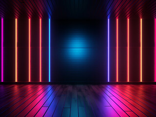 Futuristic dark room with glowing neon light