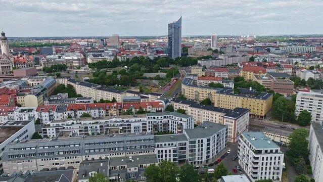 Drone shot of centre of the city ( Inner Stadt ) Leipzig located in the Mitte district . It includes numerous architectural monuments.