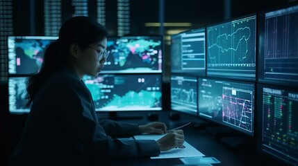 AIによる予測で投資のチャートを分析するトレーダー・エンジニア・ビジネスウーマン
