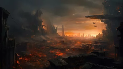 Deurstickers 火事で燃える都市・エイリアンに侵略された都市・戦争・地球滅亡  © buritora