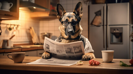 German shepherd dog reading and holding a newspaper in kitchen