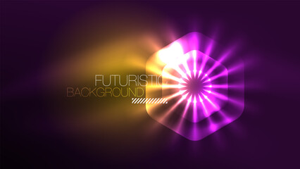 Glowing neon hexagons in dark space. Digital technology cyberspace hi-tech techno abstract background template