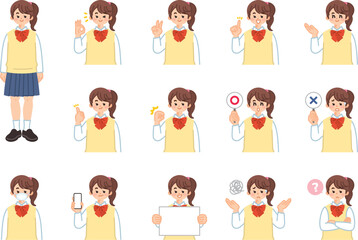 女子高校生　女子中学生　表情とジェスチャーのイラスト素材セット