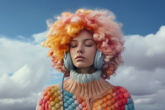 Young lofi woman wearing headphones and colorful winter clothes with a sky background. Generative AI