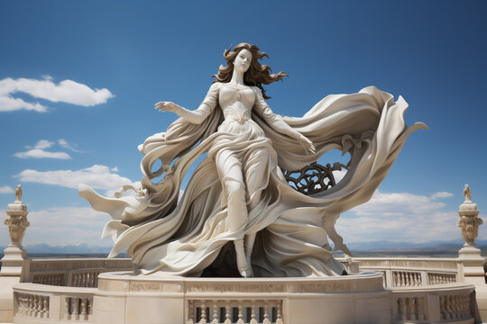 Holy Goddess Of Love Antique Monumental Statue, A Beautiful Woman, White Marble, Cinematic, Blue Sky Background. AI Generative