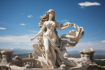 Holy goddess of love antique monumental statue, a beautiful woman, white marble, cinematic, blue sky background. AI Generative - obrazy, fototapety, plakaty