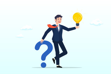 Smart businessman holding question mark sign and light bulb solution, question and answer, q and a or solution to solve problem, FAQ frequently asked question, help or creative thinking idea (Vector)