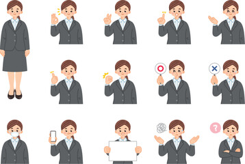 若いビジネスウーマン　会社員　表情とジェスチャーのイラスト素材セット