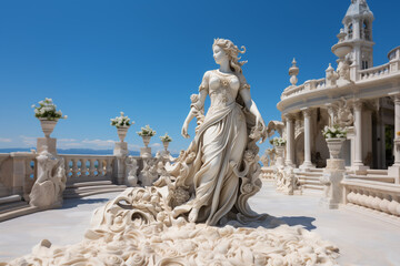 Obraz premium Holy goddess of love antique monumental statue, a beautiful woman, white marble, cinematic, blue sky background. AI Generative