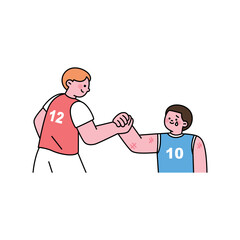A rival player is holding the hand of a fallen player. outline simple vector illustration.
