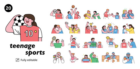 A collection of teenager sports characters. mega set. outline simple vector illustration.