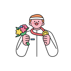 A winning athlete is smiling with a gold medal around his neck. outline simple vector illustration.