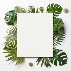 Frame with leaves.  Summer tropical leaves and blank frame with copy space on white background. Generative AI