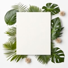 Frame with leaves.  Summer tropical leaves and blank frame with copy space on white background. Generative AI