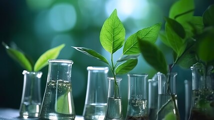 Biotechnology concept with green plant leaves, laboratory glassware, and conducting research, illustrating the powerful combination of nature and science in medical advancements.  AI Generative
