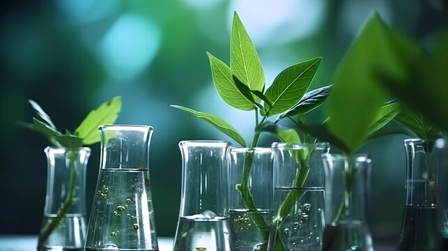 Biotechnology concept with green plant leaves, laboratory glassware, and conducting research, illustrating the powerful combination of nature and science in medical advancements.  AI Generative
