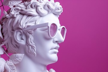 The head of a white mythological statue with fashionable pink glasses on his eyes, frame in profile. AI Generative