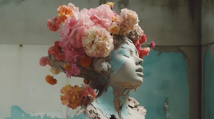 Real flowers cover a sculpture in a concrete building, a sculpture inspired, pastel accent colors, hip hop sculpture, AI Generative