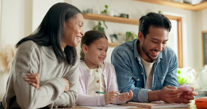 High five, girl with parents and support with learning in house with card, game or mom and dad helping with homework together in home. Child, family and development of education with math games