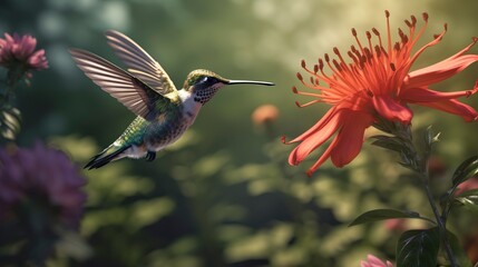 Fototapeta na wymiar Hummingbird flying to pick up nectar from a beautiful flower. Digital artwork. AI Generative