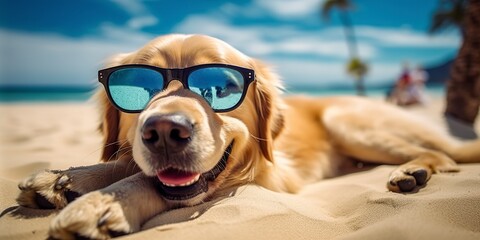 Obraz na płótnie Canvas Golden Retriever dog is on summer vacation at seaside resort and relaxing rest on summer beach of Hawaii. AI Generative