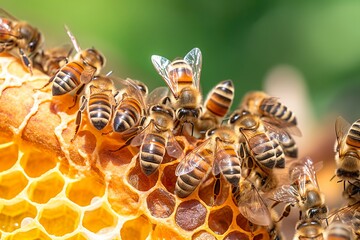 honey bees on honeycomb in apiary in summertime, Honey bees communicate with each other, AI Generative