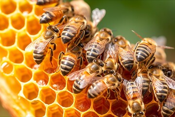 honey bees on honeycomb in apiary in summertime, Honey bees communicate with each other, AI Generative